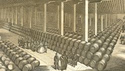 Grabado de la visita de Isabel II a las bodegas González Byass.