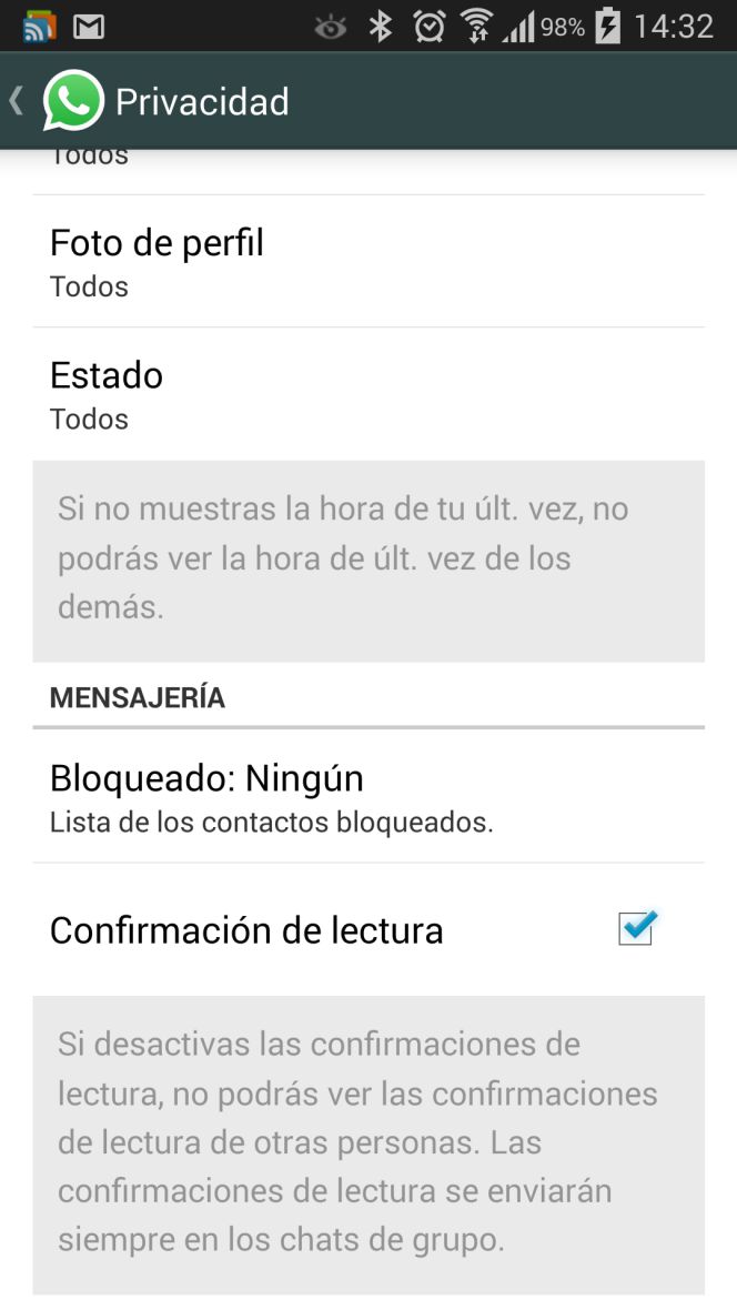 Quitar opción confirmación en WhatsApp