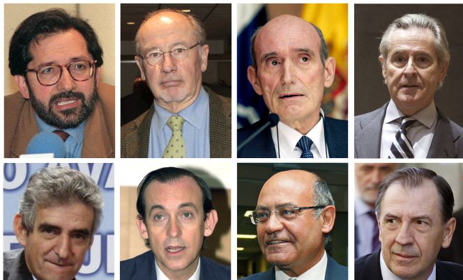Fotografías de archivo de algunos de los consejeros y directivos con tarjetas "opacas" de Caja Madrid. La cúpula de esta entidad gastó 15,25 millones de euros entre 1999 y 2012 con estas tarjetas de crédito, emitidas al margen del circuito general y cuyos cargos se gestionaban de forma separada al resto de tarjetas de empresa de la entidad. En la imagen, de izq. a dcha. y de arriba a abajo: el exvicepresidente de Caja Madrid José Antonio Moral Santín, que gastó un total de 465.500 euros con estas tarjetas; el expresidente de Bankia Rodrigo Rato, 44.200 euros; el exdirectivo José Manuel Fernández Norniella, 175.400 euros; el expresidente de la entidad Miguel Blesa, 436.700 euros; el exdirectivo Matías Amat, 389.000 euros; Estanislao Rodríguez-Ponga, 255.400 euros; Gerardo Díaz Ferrán, 94.000 euros; y el ex director general de Caja Madrid Ildefonso Sánchez Barcoj, 484.200 euros.