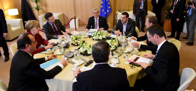 Mini cumbre del primer ministro griego anoche con sus homólogos de Alemania y Francia, junto a los presidente del BCE; del Eurogrupo y de la Comisión Europea