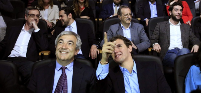 El presidente de Ciudadanos, Albert Rivera, y el economista Luis Garicano, durante el acto en el que han presentado el segundo gran eje de su programa económico.