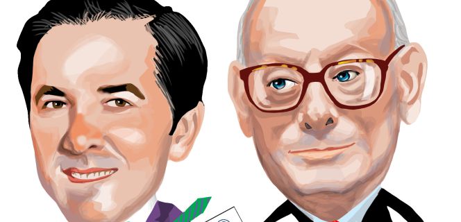 Caricatura de Mariano Rabadán (derecha) y Ángel Martínez-Aldama (izquierda), presidente saliente y entrante de Inverco.