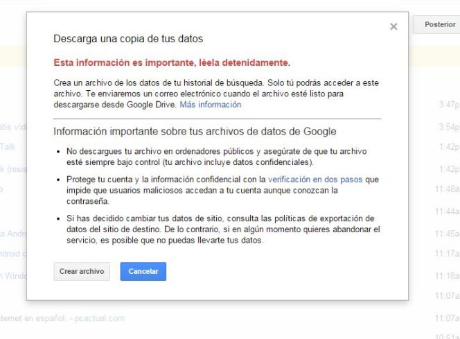 Descargar el historial de búsquedas en Google