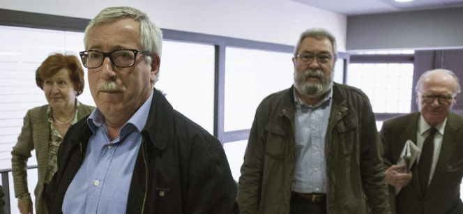 Los secretarios generales de CCOO, Ignacio Fernández Toxo (izquierda) y UGT, Cándido Méndez, hoy.