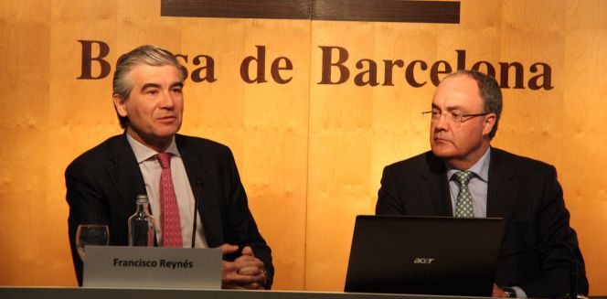 El consejero delegado de Abertis, Francisco Reynés (izquierda), y el consejero delegado de su filial Cellnex Telecom, Tobías Martínez (derecha).