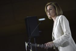 La presidenta de Castilla-La Mancha, María Dolores de Cospedal, durante su intervención en un desayuno informativo celebrado en Toledo.
