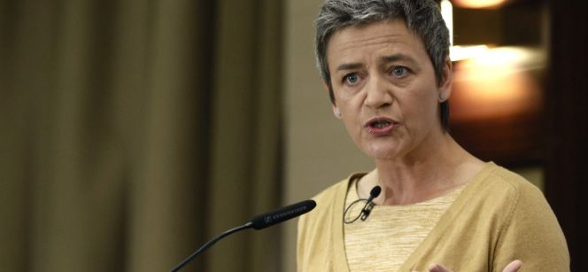 La comisaria europea de Competencia, Margrethe Vestager, durante la conferencia que ha pronunciado en un desayuno informativo.