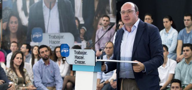 El candidato del PP a la presidencia de la Región de Murcia, Pedro Antonio Sánchez, en un acto electoral el pasado 20 de mayo.