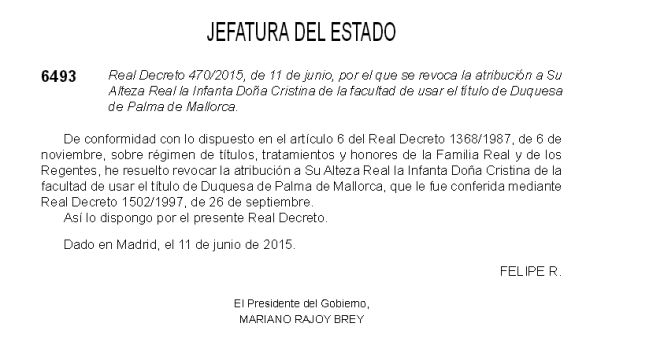La infanta Cristina pierde el título de duquesa de Palma de Mallorca