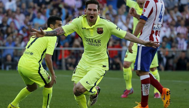 El jugador del F.C. Barcelona, Lionel Messi, celebra un gol marcado al Atlético de Madrid el 17 de mayo.