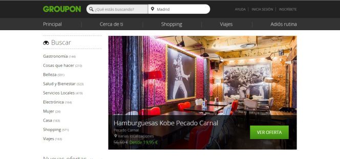 Captura de pantalla de la web de Groupon.