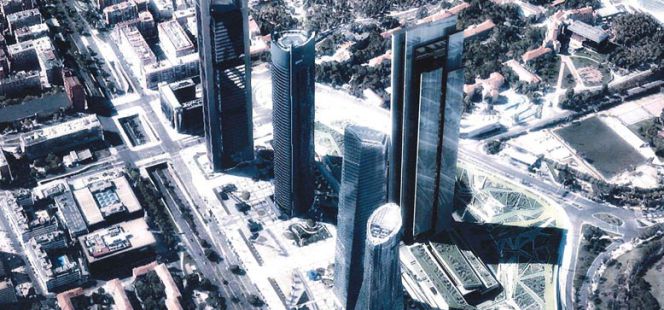 Recreación de la quinta torre, a la derecha, junto a las ya construidas en el Paseo de la Castellana.