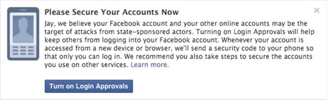 Aviso de seguridad en Facebook