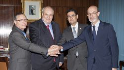 De izquierda a derecha, Enric Fossas, rector de la Politécnica de Catalunya, Carlos Conde, rector de la Politécnica de Madrid, Francisco J. Mora, rector de la Politécnica de Valencia y José Antonio Franco, rector de la Politécnica de Cartagena.