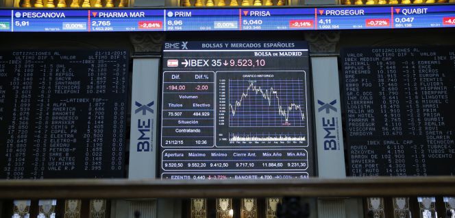 Panel informativo de la Bolsa de Madrid que muestra la evolución del principal indicador de la Bolsa española, el IBEX 35.
