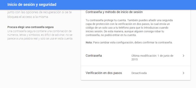 Verificación en dos apasos para la cuenta de Google