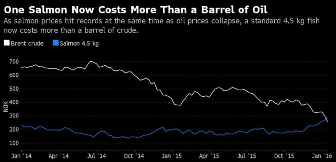 Cotización y precio del barril de Brent frente a un salmón estándar de 4,5 kilos.