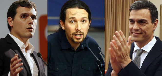 El líder de Ciudadanos, Albert Rivera, de Podemos, Pablo Iglesias, y del PSOE, Pedro Sánchez.