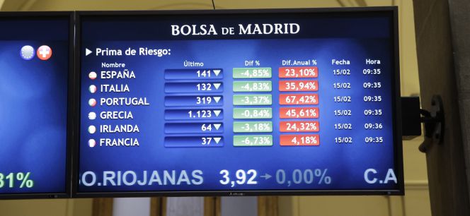 Panel informativo de la Bolsa de Madrid que muestra el valor de la prima de riesgo en algunos países de la zona euro, durante la jornada de ayer.