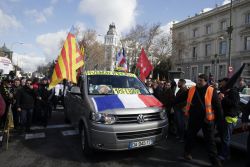 Momento de la manifestación de taxistas en Madrid,