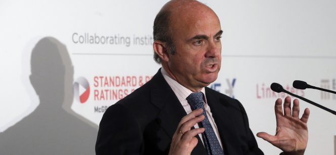 El ministro de Economía y Competitividad en funciones, Luis de Guindos, durante su intervención en el almuerzo-coloquio celebrado en el marco del Spain Investors Day.