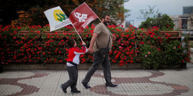 Un simpatizante y su hijo con banderas de IU.