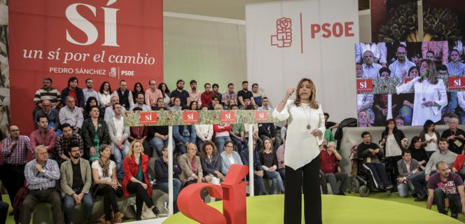 GRA059. MÓSTOLES (C.A. DE MADRID), 14052016.- La presidenta de Andalucía, Susana Díaz, durante su intervención en la presentación de Pedro Sánchez como candidato del partido a la Presidencia del Gobierno, en un acto celebrado hoy en el pabellón Los Rosales de la localidad madrileña de Móstoles. EFEEmilio Naranjo