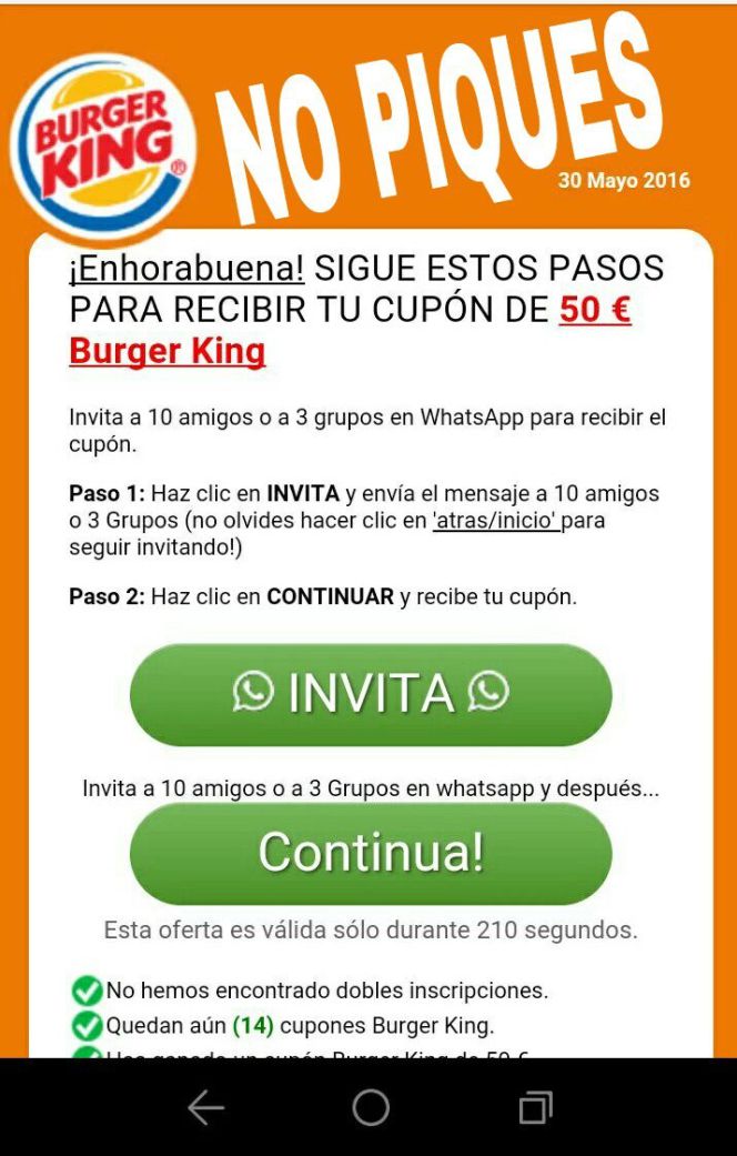 50 euros de regalo en Burguer King vía WhatsApp, la estafa de moda