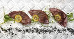 Gyozas de rabo de toro. Debajo, bizcocho de té verde y chocolate.