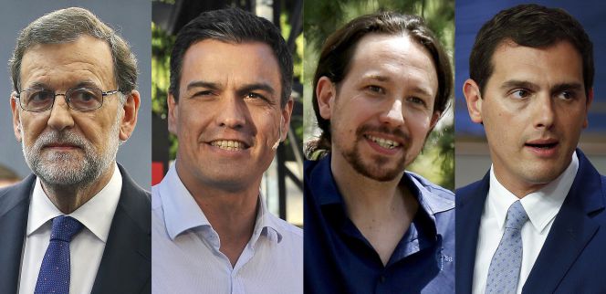El presidente del Gobierno, Mariano Rajoy, el líder del PSOE, Pedró Sánchez, el líder de Podemos, Pablo Iglesias, y el presidente de Ciudadanos, Albert Rivera.