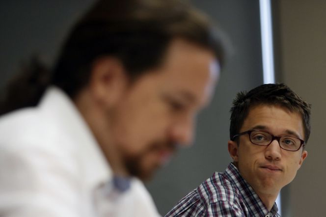 El secretario general de Podemos, Pablo Iglesias, y el secretario Político del partido, Íñigo Errejón, durante la conferencia titulada "Cambio político en España"