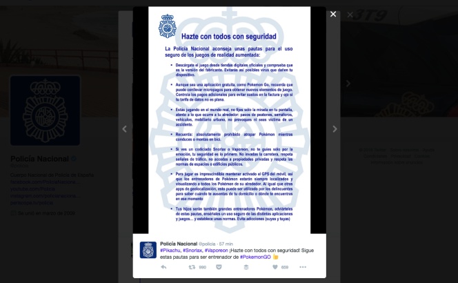 La Policía Nacional publica un documento para jugar seguros a Pokémon GO