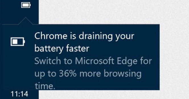Windows 10 avisa del gasto de batería de Chrome para promocionar Edge