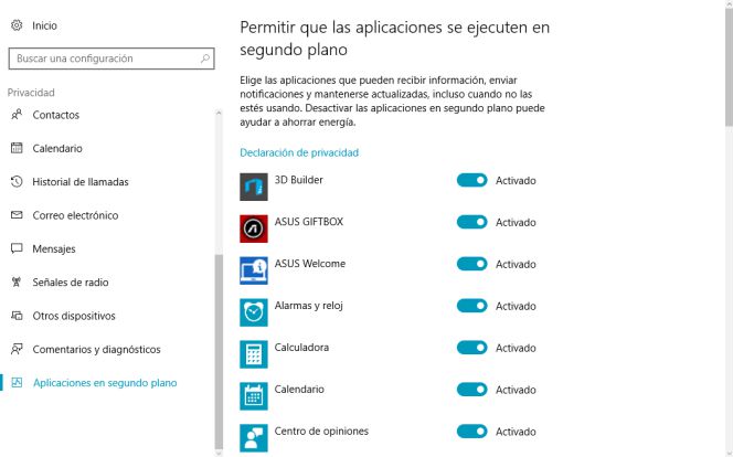 Aplicaciones en segundo plano en Windows 10