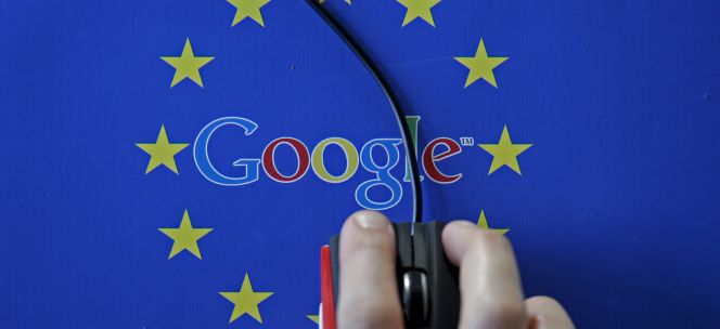 Logotipo de Google dentro de una bandera de la Unión Europea.