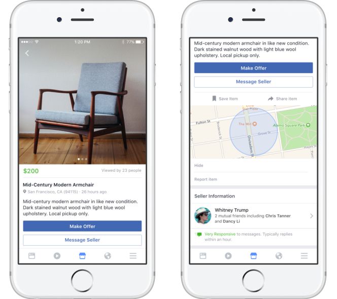 Interfaz de Facebook Marketplace