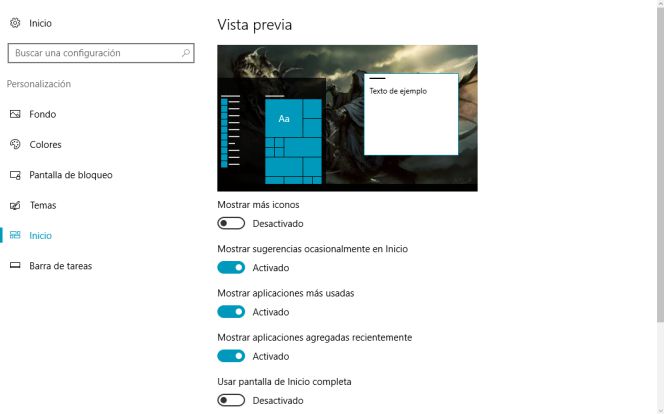 Opciones menú de inicio Windows 10