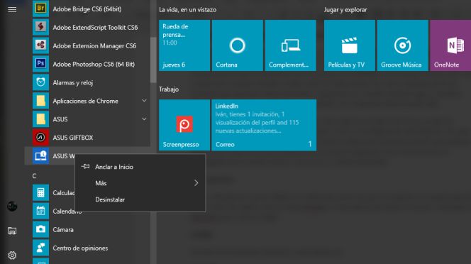 Uso del menú de inicio en Windows 10