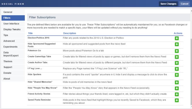 Filtros en la extensión Social Fixer