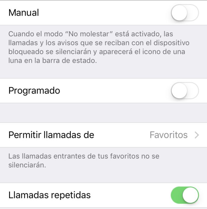 Opciones de no molestar en iOS
