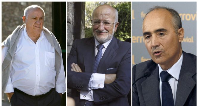 De izquierda a derecha, fotografías de archivo de Amancio Ortega (Inditex), Juan Roig (Mercadona), Rafael del Pino (Ferrovial).
