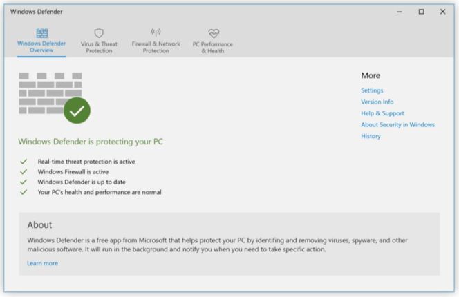 Interfaz antivirus Windows 10 nuevo