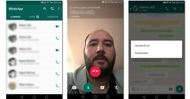 pantallas de menus de videollamadas de whatsapp