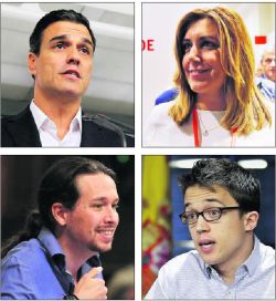 De arriba abajo: el ex secretario general del PSOE Pedro Sánchez, junto a la presidenta andaluza, Susana Díaz, y el secretario general de Podemos, Pablo Iglesias, e Íñigo Errejón, secretario político de la formación morada. efe p. monge