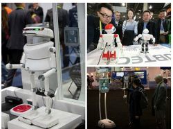 Varios robots se exhiben en una feria tecnológica.