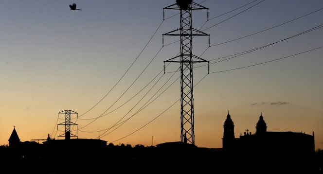 Dos cigüeñas permanecen en el nido de la torre de un tendido eléctrico cercano a la Catedral de Pamplona.