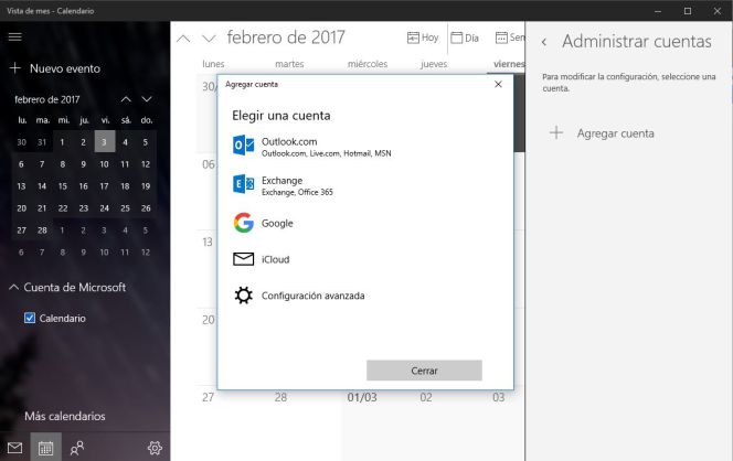 Cuenta de Google en calendario de Windows 10