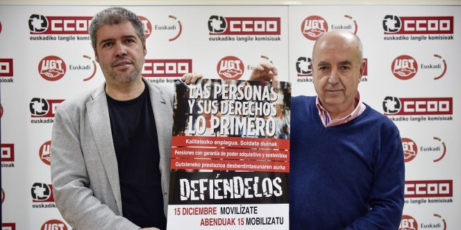 Los secretarios generales de CC OO y UGT de Euskadi, Unai Sordo y Raúl Arza, en una imagen de 2016.