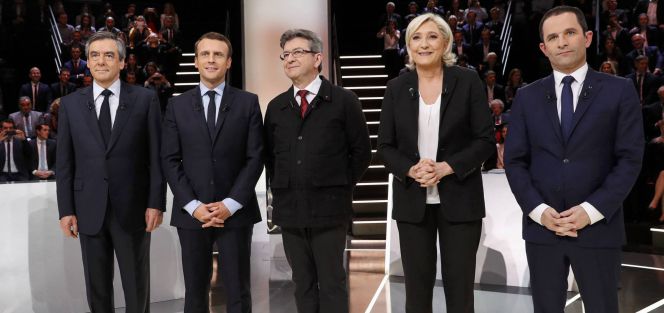 François Fillon, Emmanuel Macron, Jean-Luc Mélenchon, Marine Le Pen y Benoît Hamon, en el debate del lunes.