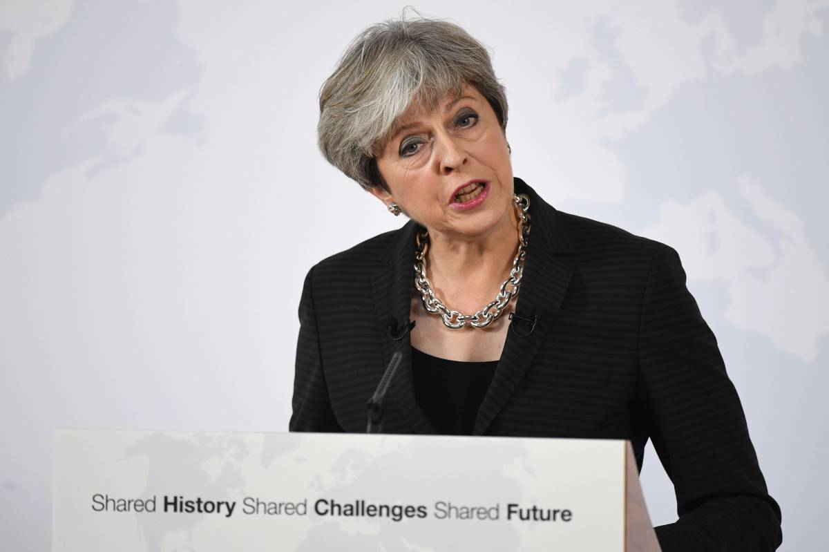 La primera ministra británica, Theresa May, en su discurso en Florencia.